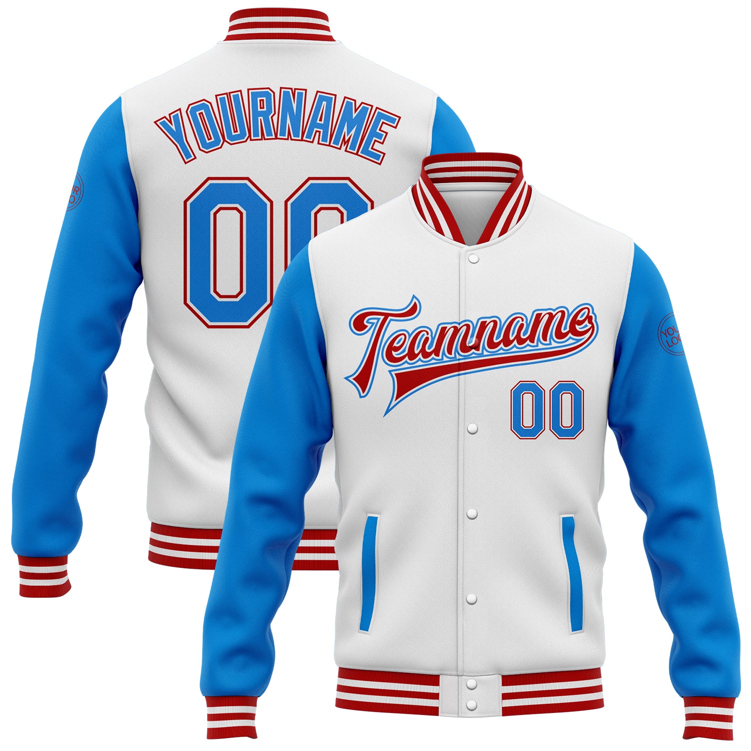 Custom Name Number Personalized Varsity Letterman Bomber Jacket Two Tone Electric Blue Red Full-Snap Team Style Personalized