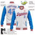 Custom Name Number Personalized Varsity Letterman Bomber Jacket Two Tone Electric Blue Red Full-Snap Team Style Personalized
