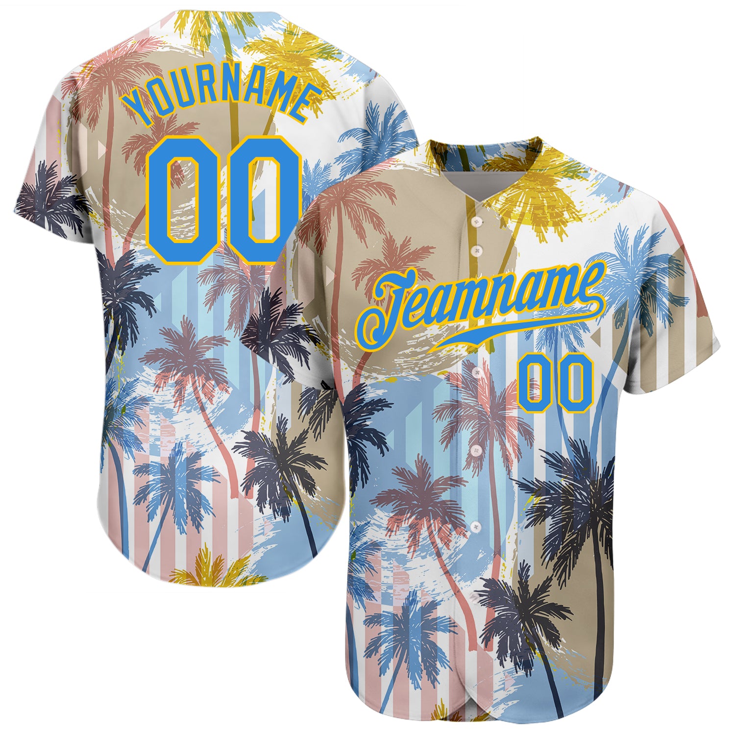 Custom Name and Number Baseball Jersey with 3D Hawaii Coconut Palms Pattern in Electric Blue-Yellow - Personalized Sports Apparel