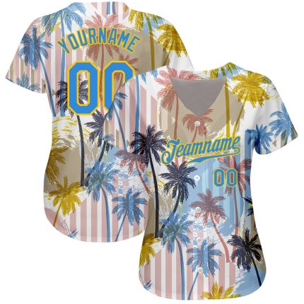Custom Name and Number Baseball Jersey with 3D Hawaii Coconut Palms Pattern in Electric Blue-Yellow - Personalized Sports Apparel