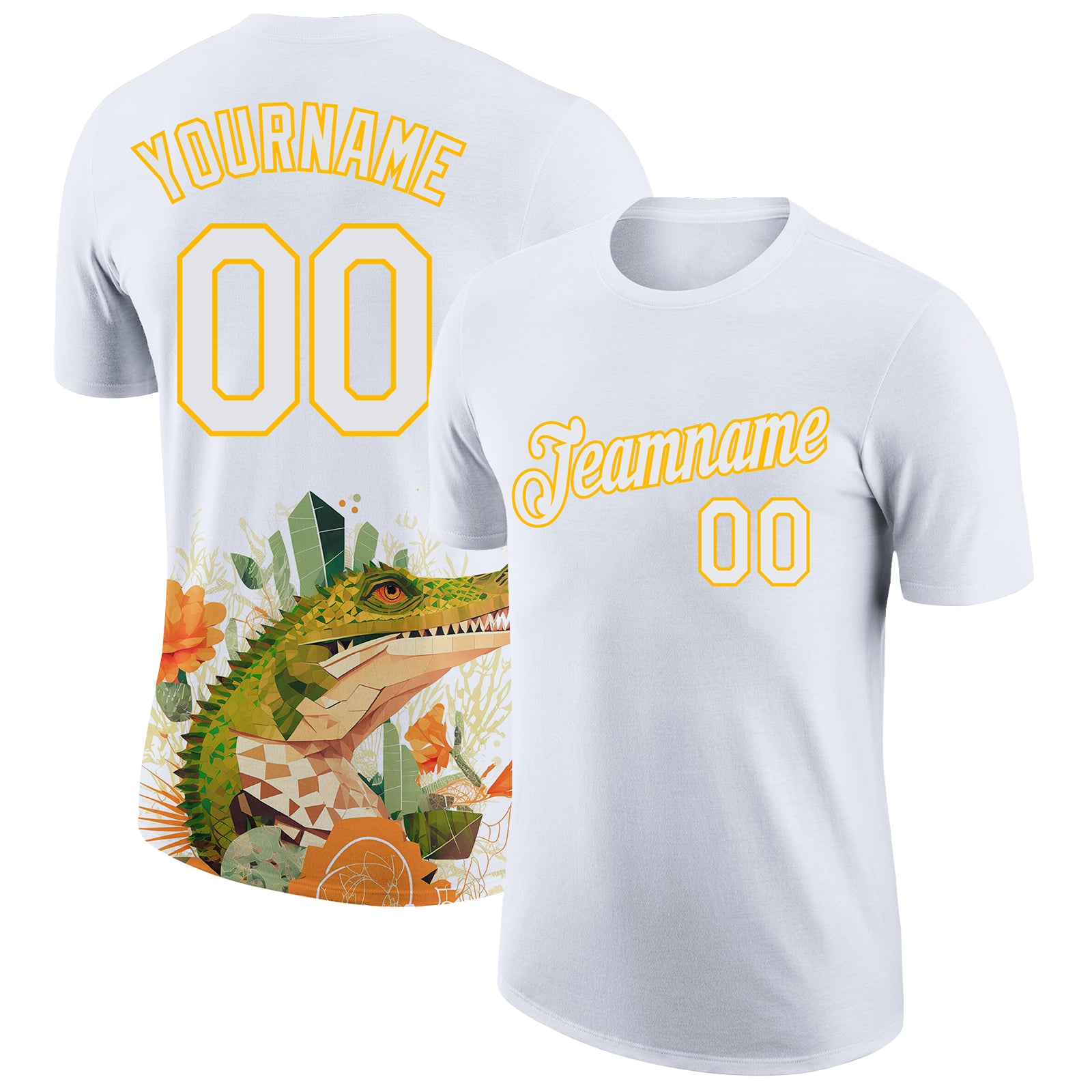 Custom Name and Number 3D Pattern Crocodile Performance T-Shirt in White Gold - Personalized Team Apparel Personalized White