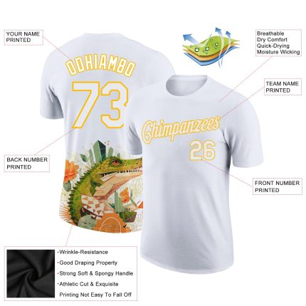 Custom Name and Number 3D Pattern Crocodile Performance T-Shirt in White Gold - Personalized Team Apparel Personalized White