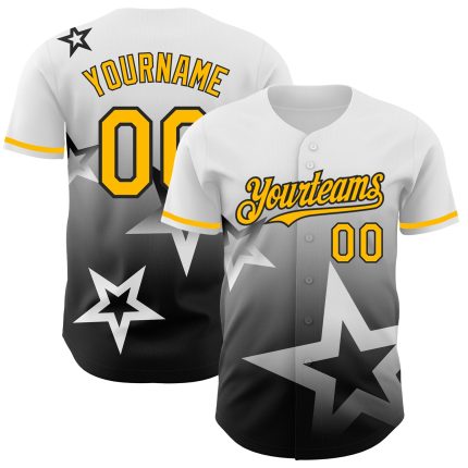 Custom Name and Number Baseball Jersey - White Gold Black 3D Twinkle Star Gradient Design Personalized White Gold-Black 3D
