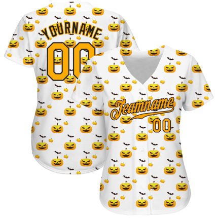 Custom Halloween Baseball Jersey with Pumpkins, Personalized White Gold-Black 3D Pattern, Team Name and Number Personalized