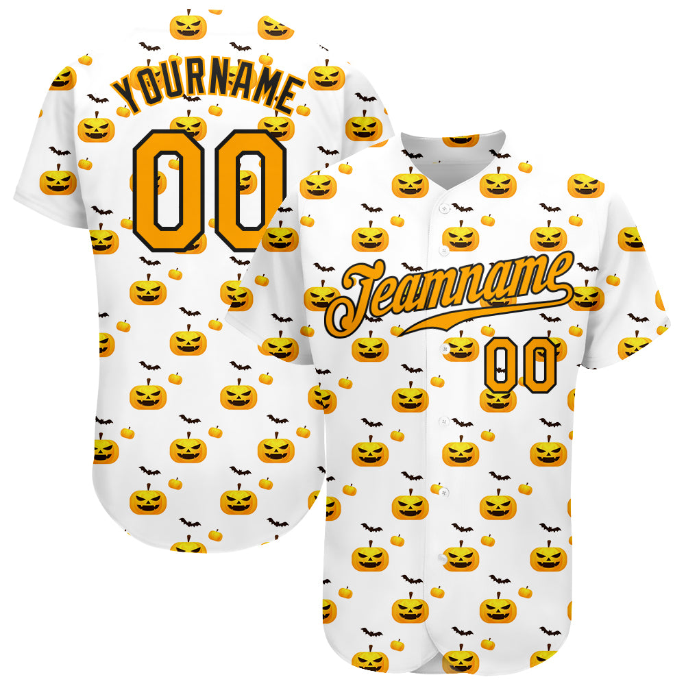 Custom Halloween Baseball Jersey with Pumpkins, Personalized White Gold-Black 3D Pattern, Team Name and Number Personalized
