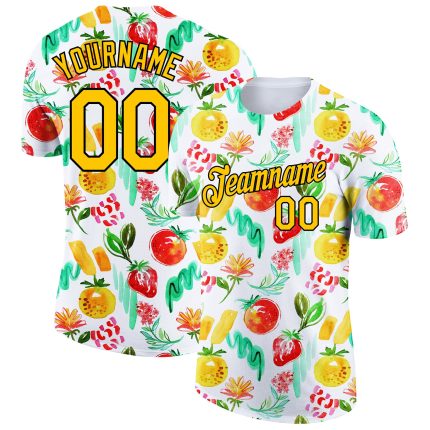 Custom Name & Number Summer Holiday T-Shirt - Personalized 3D Black Pattern on White Gold Fruit Performance Tee Personalized