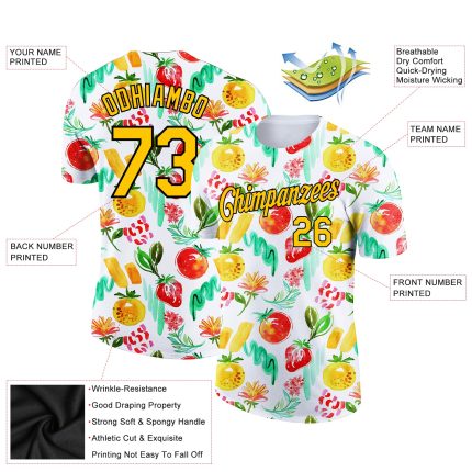 Custom Name & Number Summer Holiday T-Shirt - Personalized 3D Black Pattern on White Gold Fruit Performance Tee Personalized