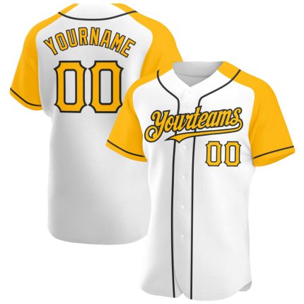 Custom Name and Number Black White Gold Baseball Jersey - Personalized Authentic Raglan Sleeves Team Apparel Personalized