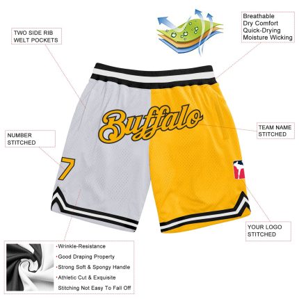 Personalized Black White Gold Authentic Basketball Shorts Custom Name Number - Fashion Throwback Style Personalized White