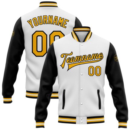 Custom Team Name Number Varsity Letterman Jacket Personalized White Gold Black Bomber Full-Snap Two Tone Personalized White