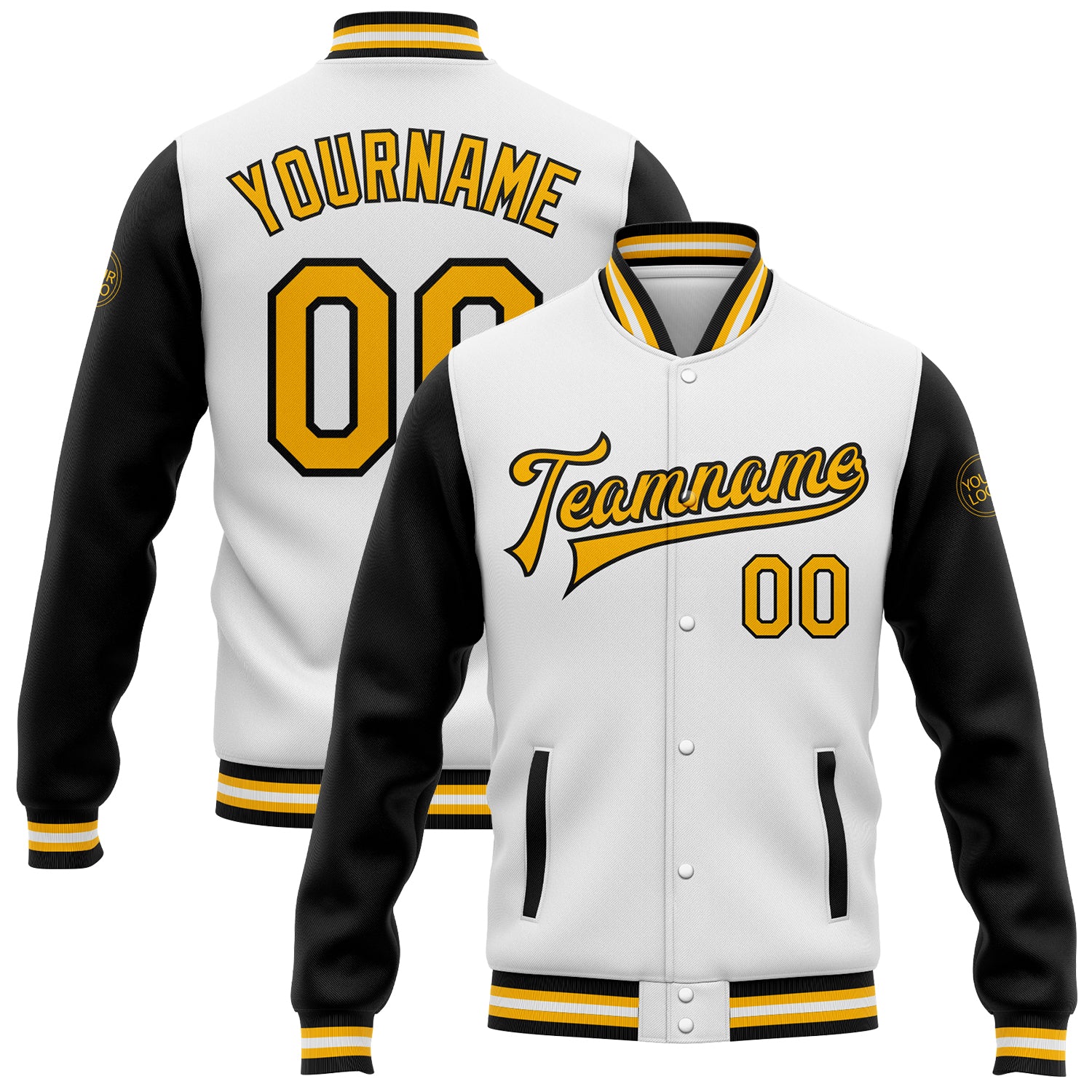 Custom Team Name Number Varsity Letterman Jacket Personalized White Gold Black Bomber Full-Snap Two Tone Personalized White