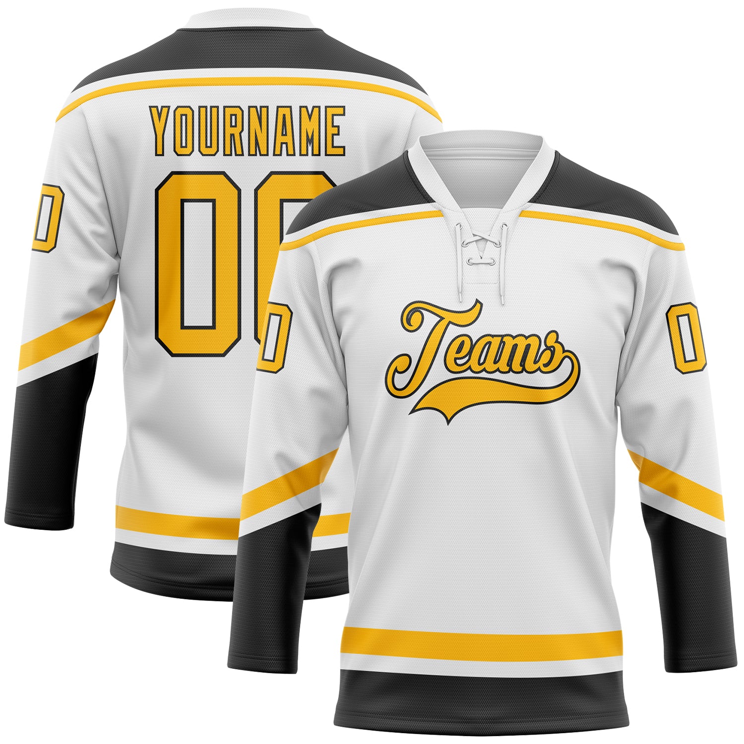 Custom Name and Number Hockey Jersey - Personalized White Gold-Black Lace Neck Team Apparel Personalized White Gold-Black