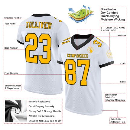 Custom Black Mesh Football Jersey with Personalized Name and Number - White Gold Team Authentic Personalized White Gold-Black