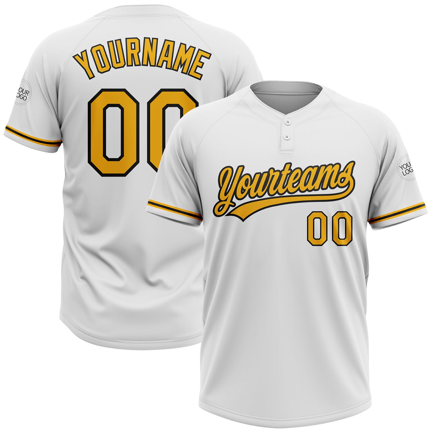 Custom Name and Number Unisex Softball Jersey - Personalized Two-Button Black and White Gold Design Personalized White Gold-Black