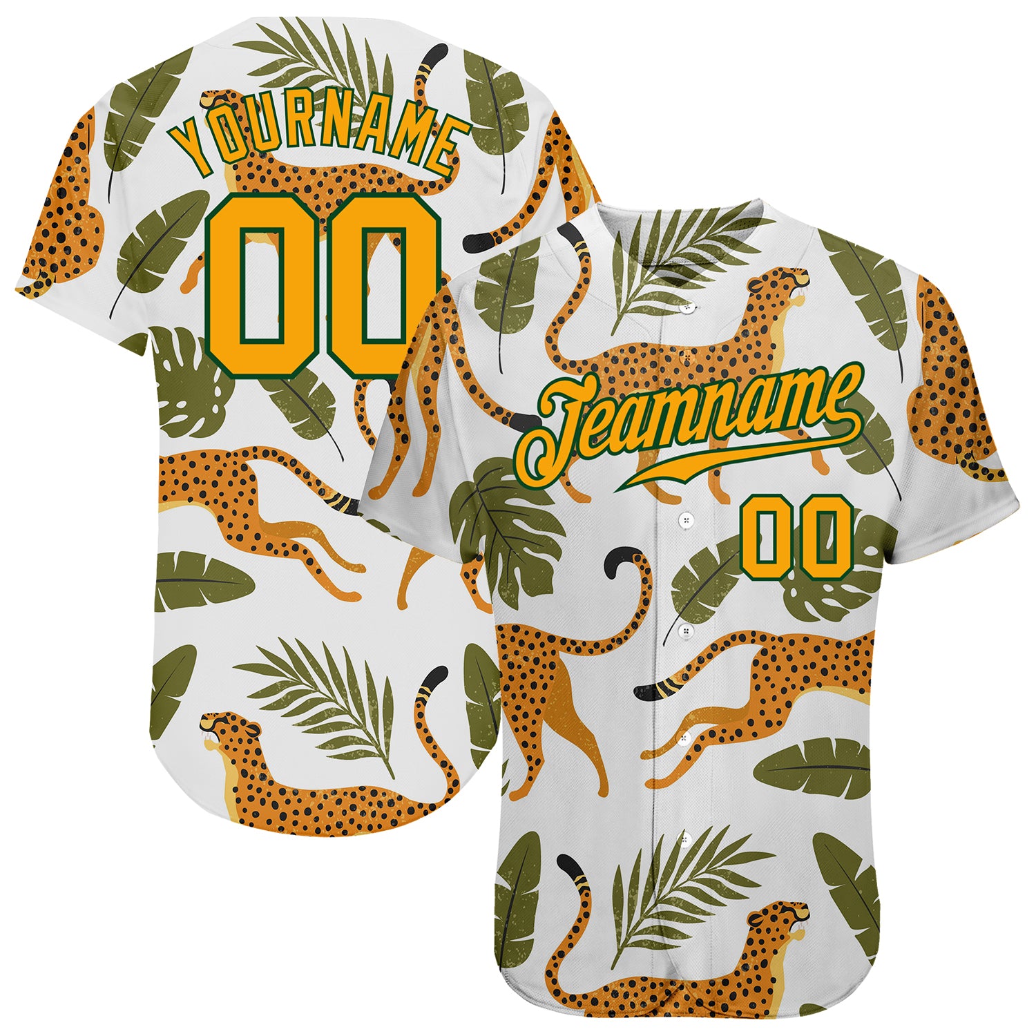 Custom Name and Number Baseball Jersey with White Gold-Green 3D Leopard and Tropical Palm Leaves Design Personalized White