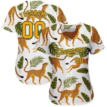 Custom Name and Number Baseball Jersey with White Gold-Green 3D Leopard and Tropical Palm Leaves Design Personalized White