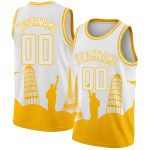 Personalized White Gold Basketball Jersey with Custom Name & Number, Authentic City Edition Travel Monuments Silhouette Personalized