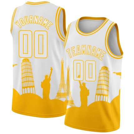 Personalized White Gold Basketball Jersey with Custom Name & Number, Authentic City Edition Travel Monuments Silhouette Personalized
