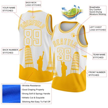 Personalized White Gold Basketball Jersey with Custom Name & Number, Authentic City Edition Travel Monuments Silhouette Personalized