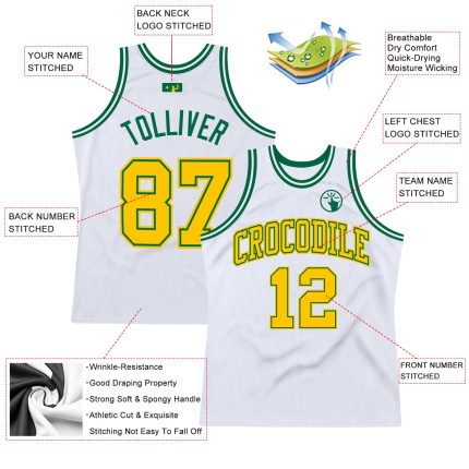 Custom Name and Number Authentic Throwback Basketball Jersey - White Gold with Kelly Green Details Personalized White Gold-Kelly