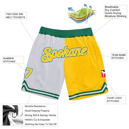 Personalized Authentic Basketball Shorts with Custom Name & Number - White Gold & Kelly Green Split Fashion Design Personalized