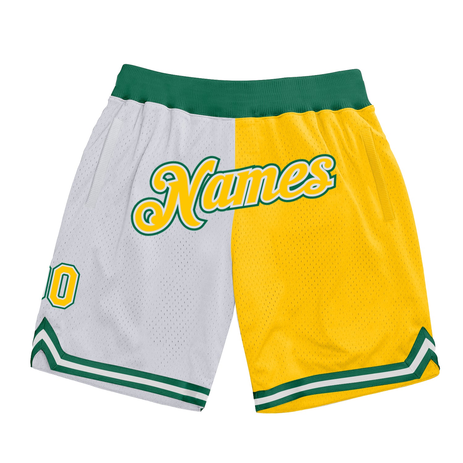 Personalized Authentic Basketball Shorts with Custom Name & Number - White Gold & Kelly Green Split Fashion Design Personalized