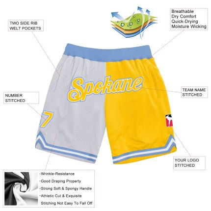 Custom Name Number Basketball Shorts Light Blue White Gold Fashion Throwback Authentic Personalized White Gold-Light Blue