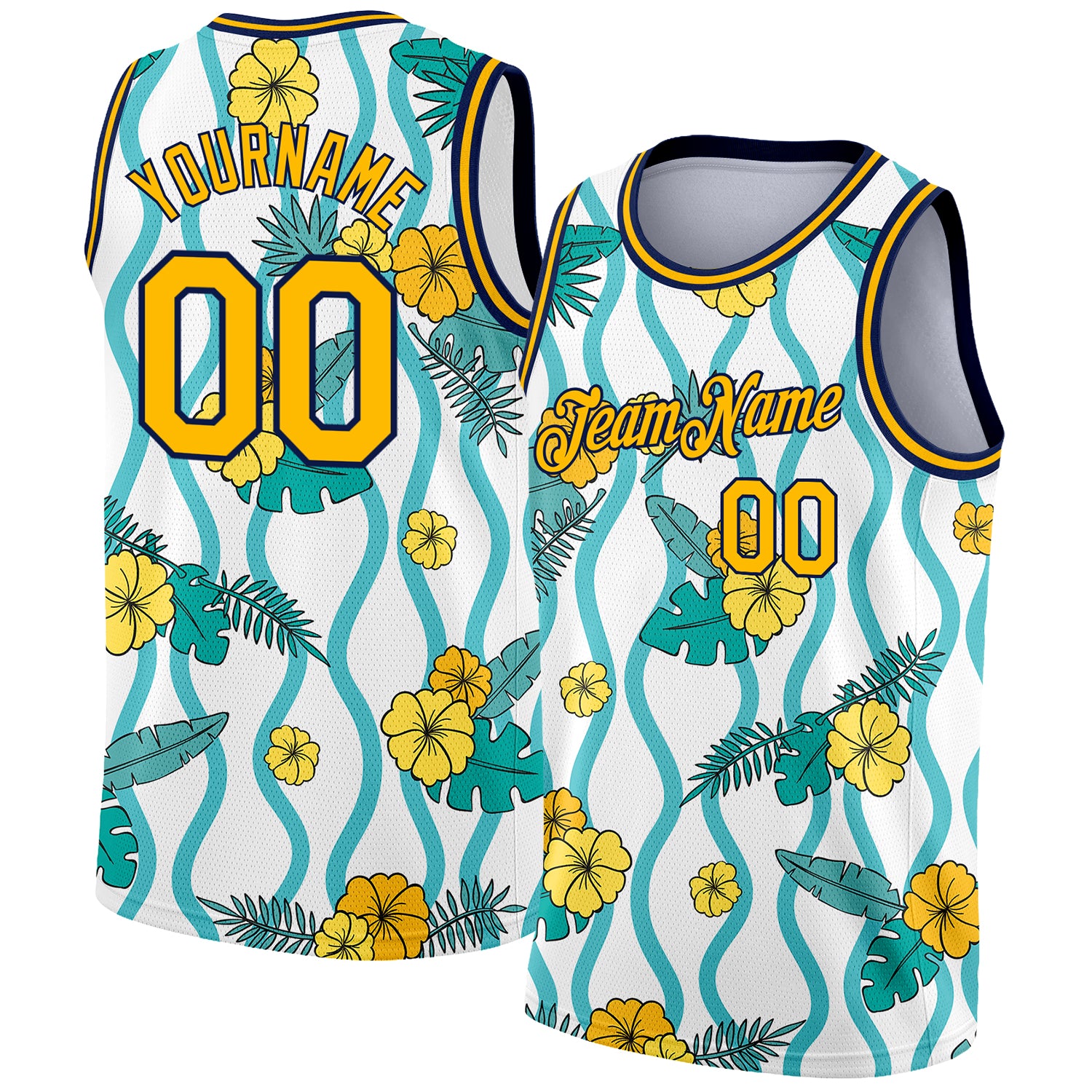 Custom Basketball Jersey with Personalized Name and Number - White Gold Navy 3D Pattern Tropical Hawaii Plant and Flower Design