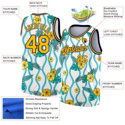 Custom Basketball Jersey with Personalized Name and Number - White Gold Navy 3D Pattern Tropical Hawaii Plant and Flower Design