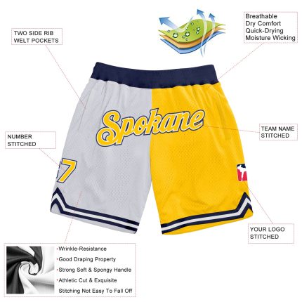 Custom Name and Number White Gold-Navy Basketball Shorts for Authentic Throwback Style - Split Design Personalized White