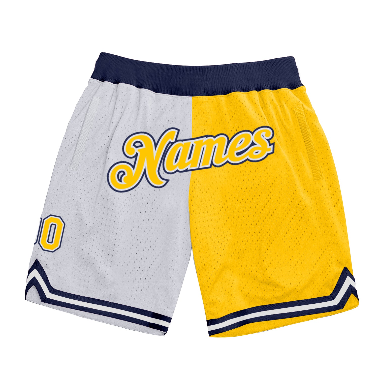 Custom Name and Number White Gold-Navy Basketball Shorts for Authentic Throwback Style - Split Design Personalized White