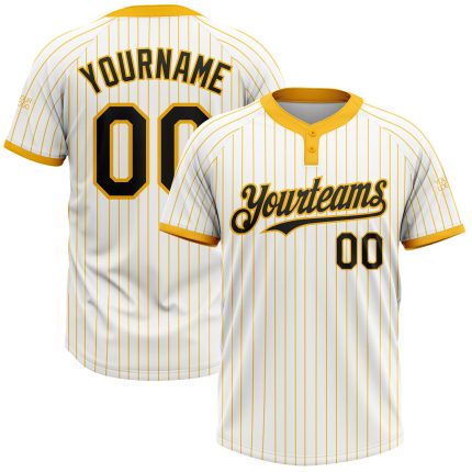 Custom Black Softball Jersey with White Gold Pinstripe, Unisex Two-Button Design, Personalized Name & Number Personalized