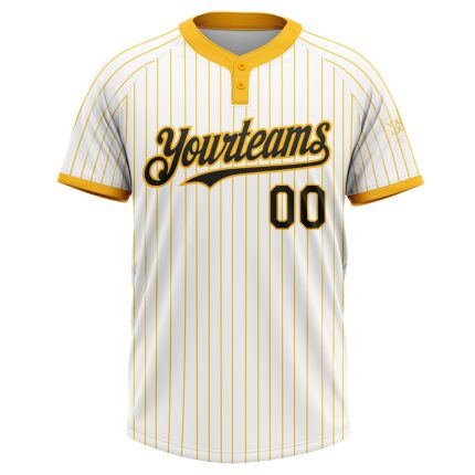 Custom Black Softball Jersey with White Gold Pinstripe, Unisex Two-Button Design, Personalized Name & Number Personalized