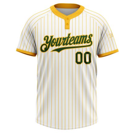 Custom Name and Number Softball Jersey Unisex Two-Button Green Pinstripe White Gold Personalized White Gold Pinstripe Green