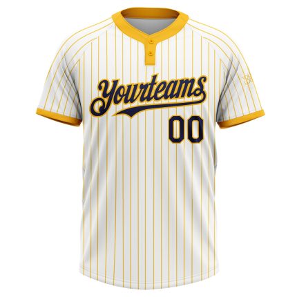 Custom Name and Number Softball Jersey Unisex White Gold Pinstripe Navy Two-Button Personalized White Gold Pinstripe Navy