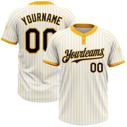 Custom Name and Number Softball Jersey Unisex White Gold Pinstripe Navy Two-Button Personalized White Gold Pinstripe Navy