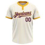 Custom Name and Number Purple Two-Button Unisex Softball Jersey - Personalized White Gold Pinstripe Design Personalized White