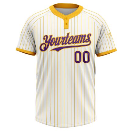 Custom Name and Number Purple Two-Button Unisex Softball Jersey - Personalized White Gold Pinstripe Design Personalized White