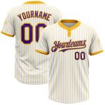 Custom Name and Number Purple Two-Button Unisex Softball Jersey - Personalized White Gold Pinstripe Design Personalized White