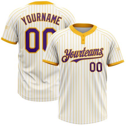 Custom Name and Number Purple Two-Button Unisex Softball Jersey - Personalized White Gold Pinstripe Design Personalized White