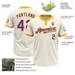 Custom Name and Number Purple Two-Button Unisex Softball Jersey - Personalized White Gold Pinstripe Design Personalized White