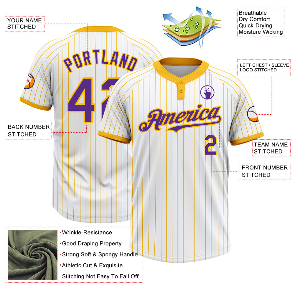 Personalized White Gold Pinstripe Purple Two-Button Unisex Softball Jersey Team Custom Name and Number Custom Name and Number Purple Two-Button Unisex Softball Jersey - Personalized White Gold Pinstripe Design Personalized White - Image 3
