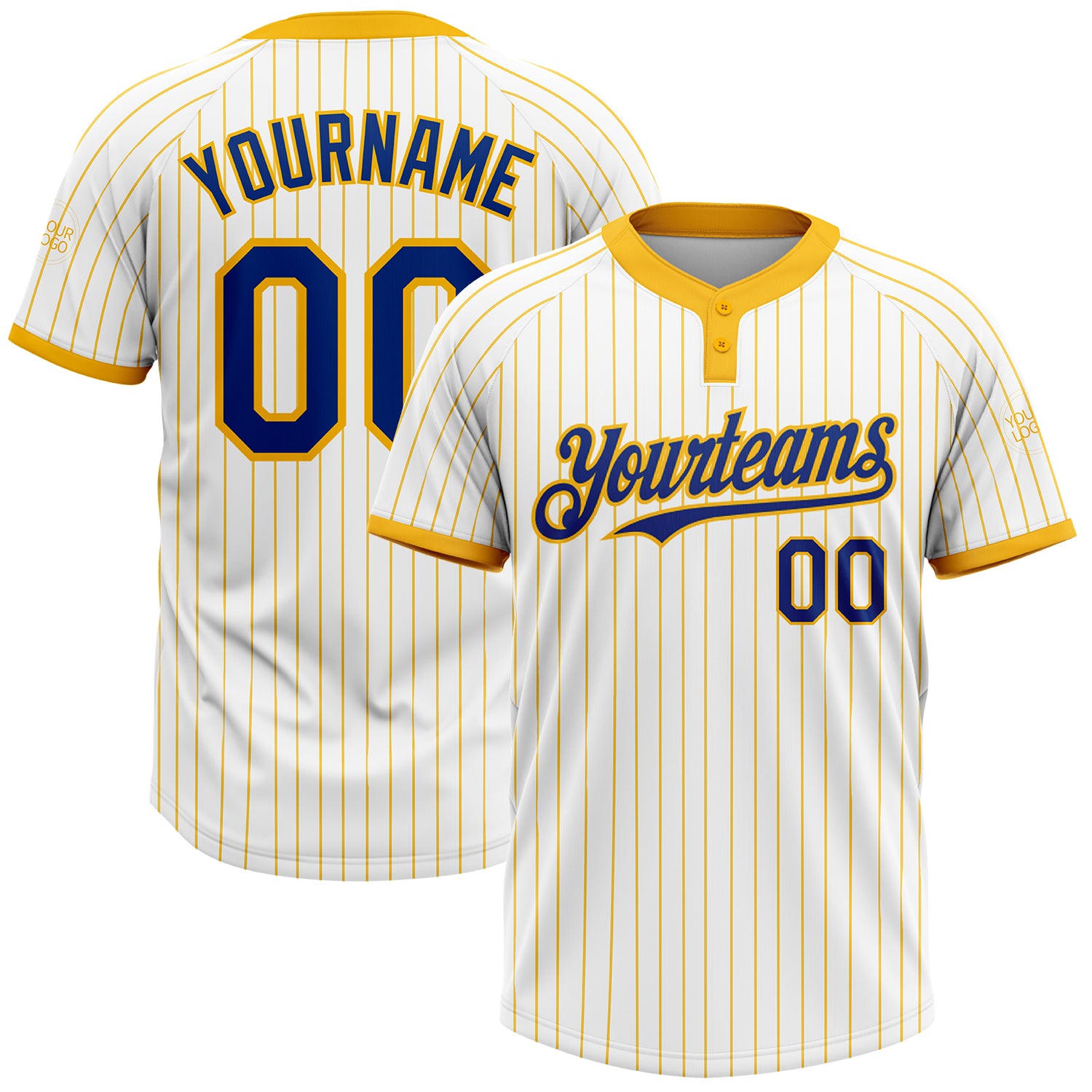 Custom Name and Number Softball Jersey for Team - Personalized Royal Two-Button Unisex White Gold Pinstripe Personalized