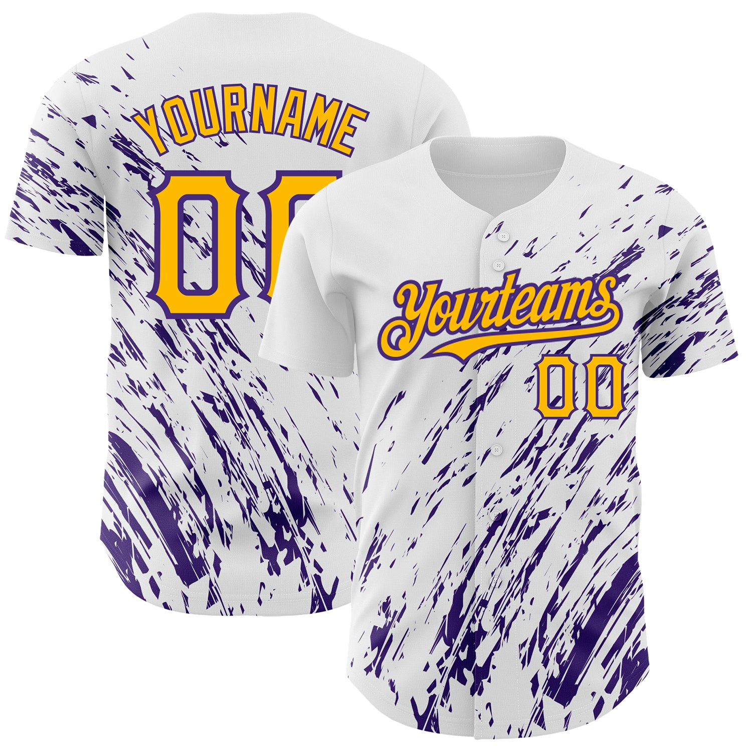 Custom Purple White Gold 3D Splash Baseball Jersey with Name & Number - Personalized Team Apparel Personalized White Gold-Purple
