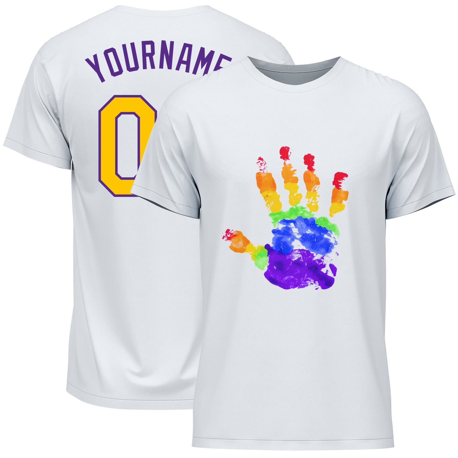 Custom Pride LGBT Performance T-Shirt with Personalized Name and Number - White Gold-Purple Rainbow Design Personalized White