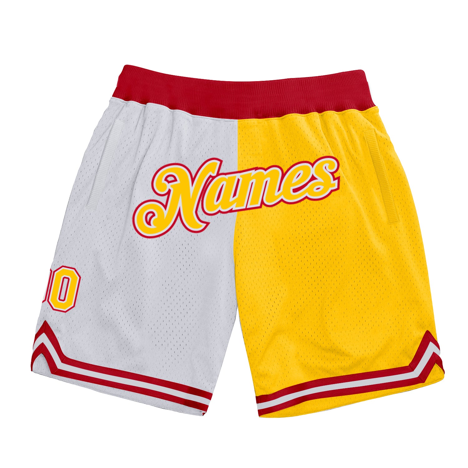 Customizable Red and White Gold Basketball Shorts with Team Name and Number - Authentic Throwback Style Personalized White