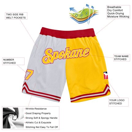 Customizable Red and White Gold Basketball Shorts with Team Name and Number - Authentic Throwback Style Personalized White