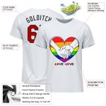 Pride Month LGBT Heart T-Shirt with Custom Name and Number in White Gold-Red Rainbow Color - Love Is Love Design Personalized