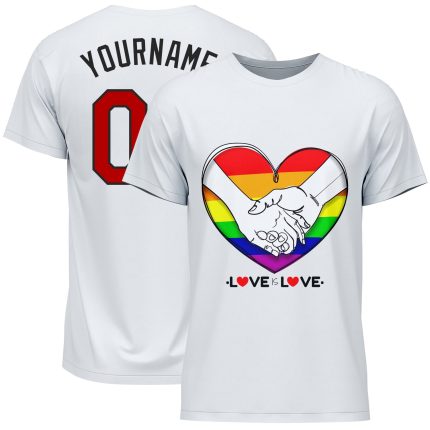 Pride Month LGBT Heart T-Shirt with Custom Name and Number in White Gold-Red Rainbow Color - Love Is Love Design Personalized