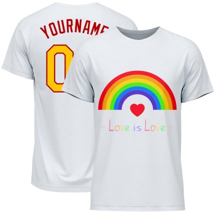 Pride Month LGBT Custom Name & Number T-Shirt - Personalized White Gold-Red Rainbow Love Is Love Design Personalized White